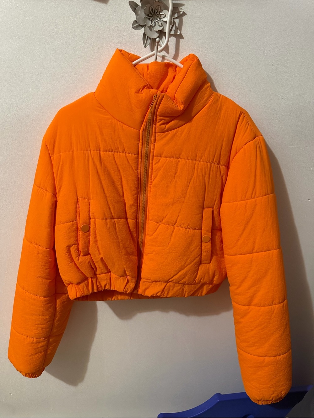 Women Orange Puffer Jacket - Cozy Crop Coat